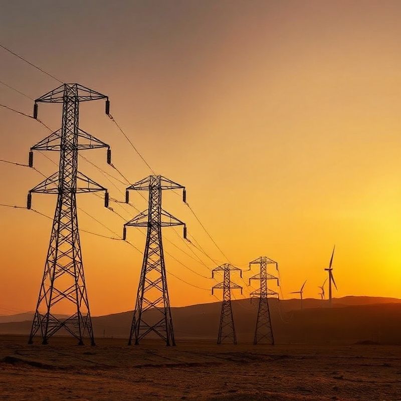 Torres eléctricas y aerogeneradores bajo un cielo dorado en el norte de España