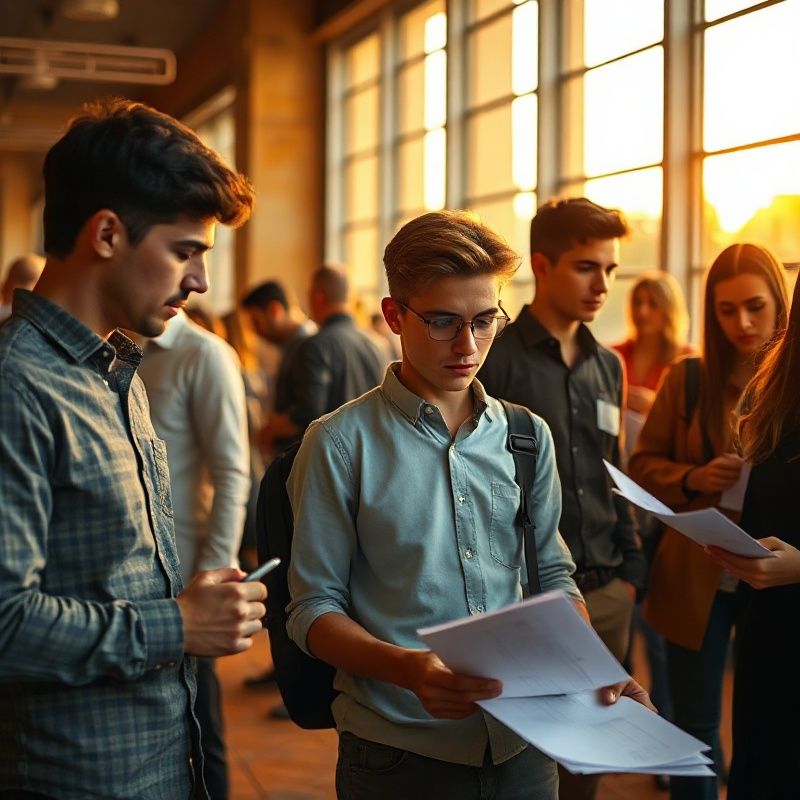 Jóvenes revisando documentos impresos en una feria de empleo