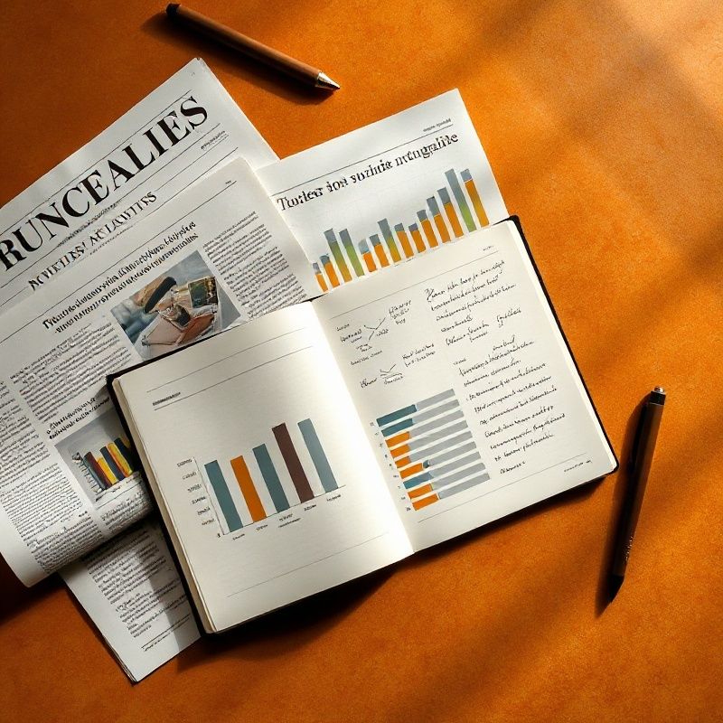 Escritorio editorial con periódicos, gráficos impresos y un cuaderno de notas